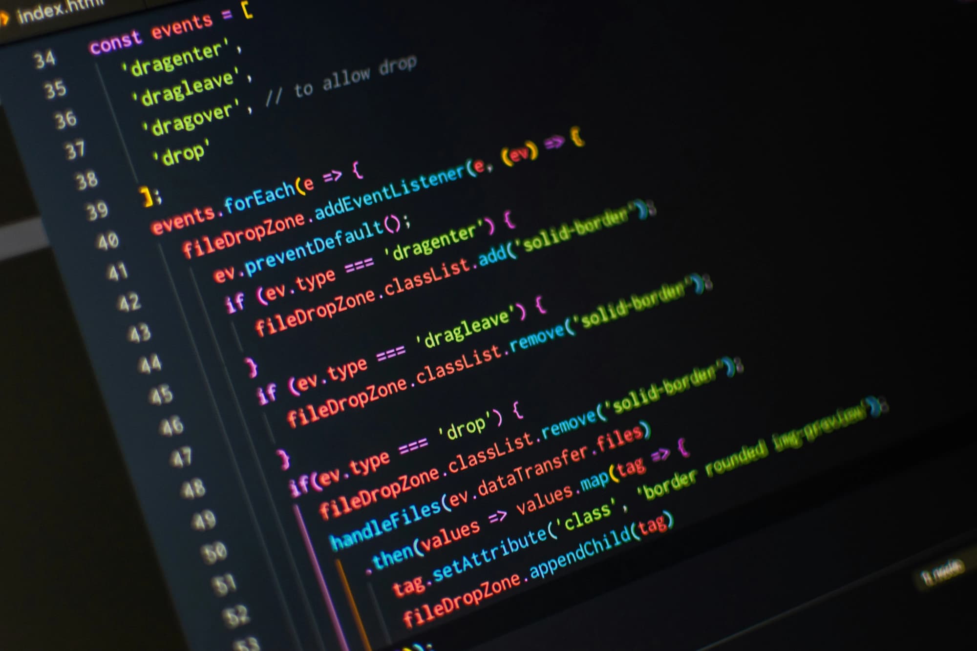 Code editor with abstract red glowing lines